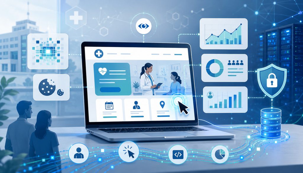 Healthcare website tracking and analytics with privacy and security icons